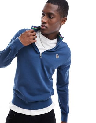 PS Paul Smith zebra icon badge logo cotton knit half zip jumper in mid blue