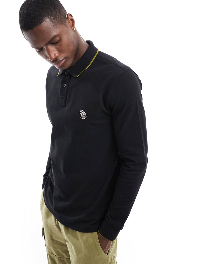 Ps By Paul Smith Zebra Icon Badge Logo Tipped Long Sleeve Pique Polo In Black