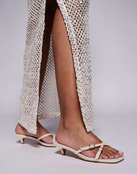 Public Cindita Wide Fit slip on kitten heel sandals in raffia natural - view 1