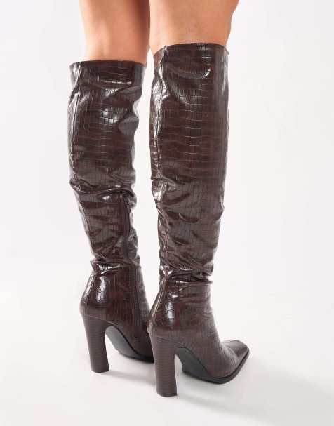 Public Desire Acquilla croc knee high flared heel boots in brown croc - view 1