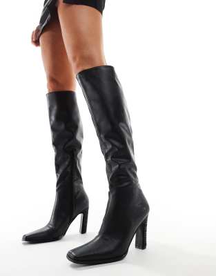 Acquilla heeled knee boots with square toe in black PU