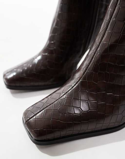 Public Desire Acquilla heeled knee boots with square toe in brown croc, 2 of 4