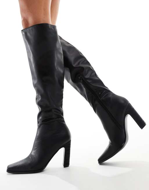 Public Desire Acquilla Wide Fit heeled knee boots with square toe in black PU