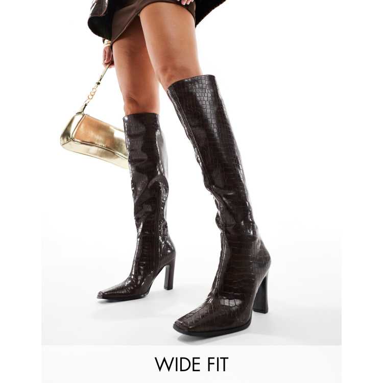 Public Desire Acquilla Wide Fit heeled knee boots with square toe in brown croc