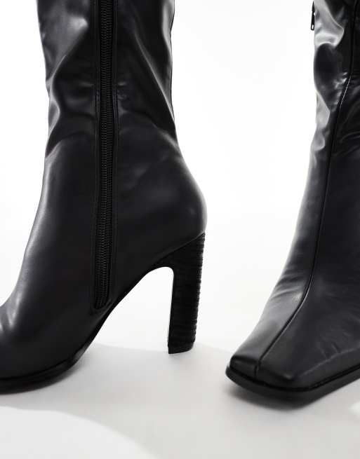 Public Desire AcquillaWide Fit  heeled knee boots with square toe in black PU, 3 of 4