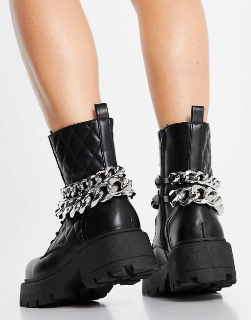 Public Desire Advantage chunky flat ankle boots with chain trim in black