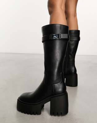 Public Desire Alaska Chunky Buckle Knee Boots In Black