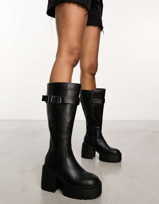 Public Desire Alaska chunky buckle knee boots in black, 2 of 4