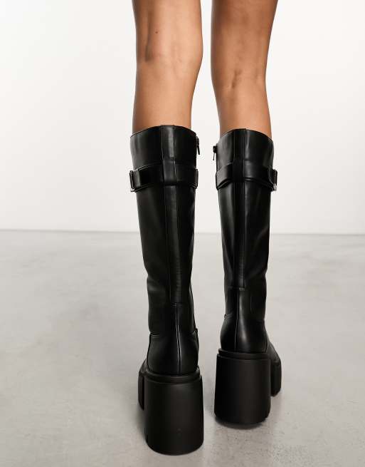 Public Desire Alaska chunky buckle knee boots in black, 4 of 4