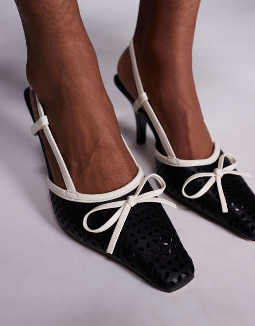 Public Desire Alchemy laser cute slingback heels with bow in cream and black, 3 of 4