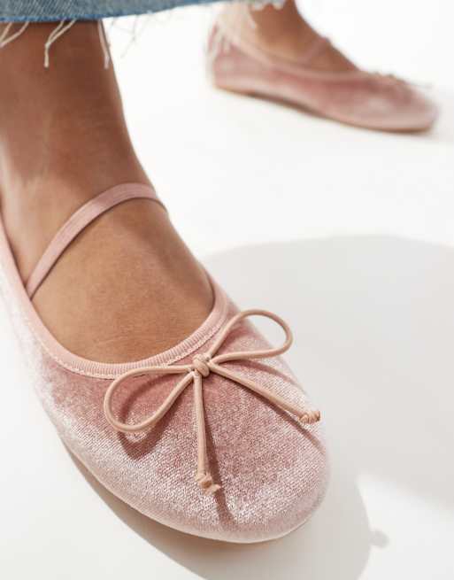 Public Desire Alexa bow ballet flats with strap in blush velvet