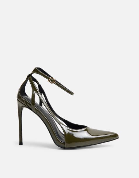 Public Desire Allegedly patent cut out detail ankle strap court shoes in khaki - view 1