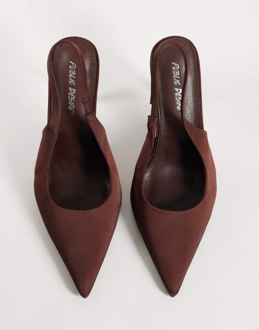 Public Desire Allure slingback pumps met hak en brede pasvorm van bruin satijn, 2 van 4
