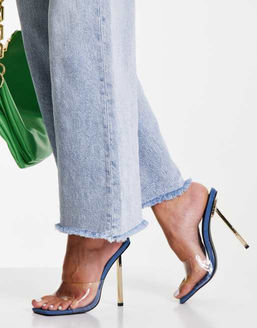 Public Desire – Amaze – Transparente Sandalen in Jeansblau mit Absatz