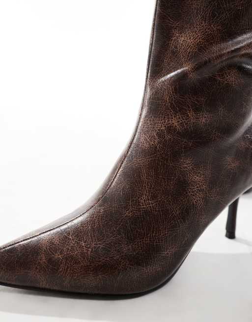 Public Desire Amped kitten heel straight leg pointed knee boots in brown distressed PU, 3 of 4