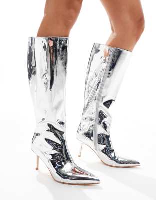 Amped kitten heel straight leg pointed knee boots in silver mirror