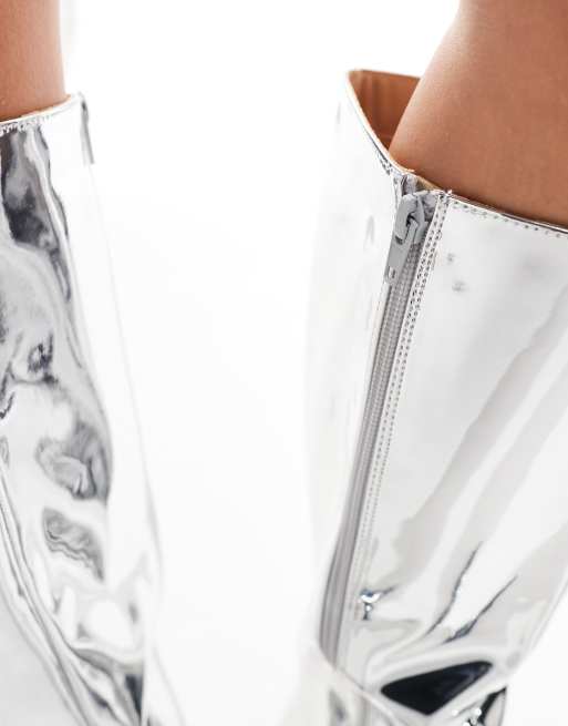 Public Desire Amped kitten heel straight leg pointed knee boots in silver mirror