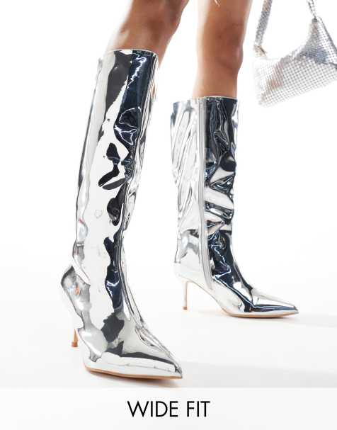 Public Desire Amped Wide Fit kitten heel straight leg pointed knee boots in silver mirror - view 1