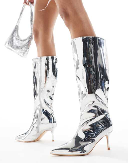 Public Desire Amped Wide Fit kitten heel straight leg pointed knee boots in silver mirror