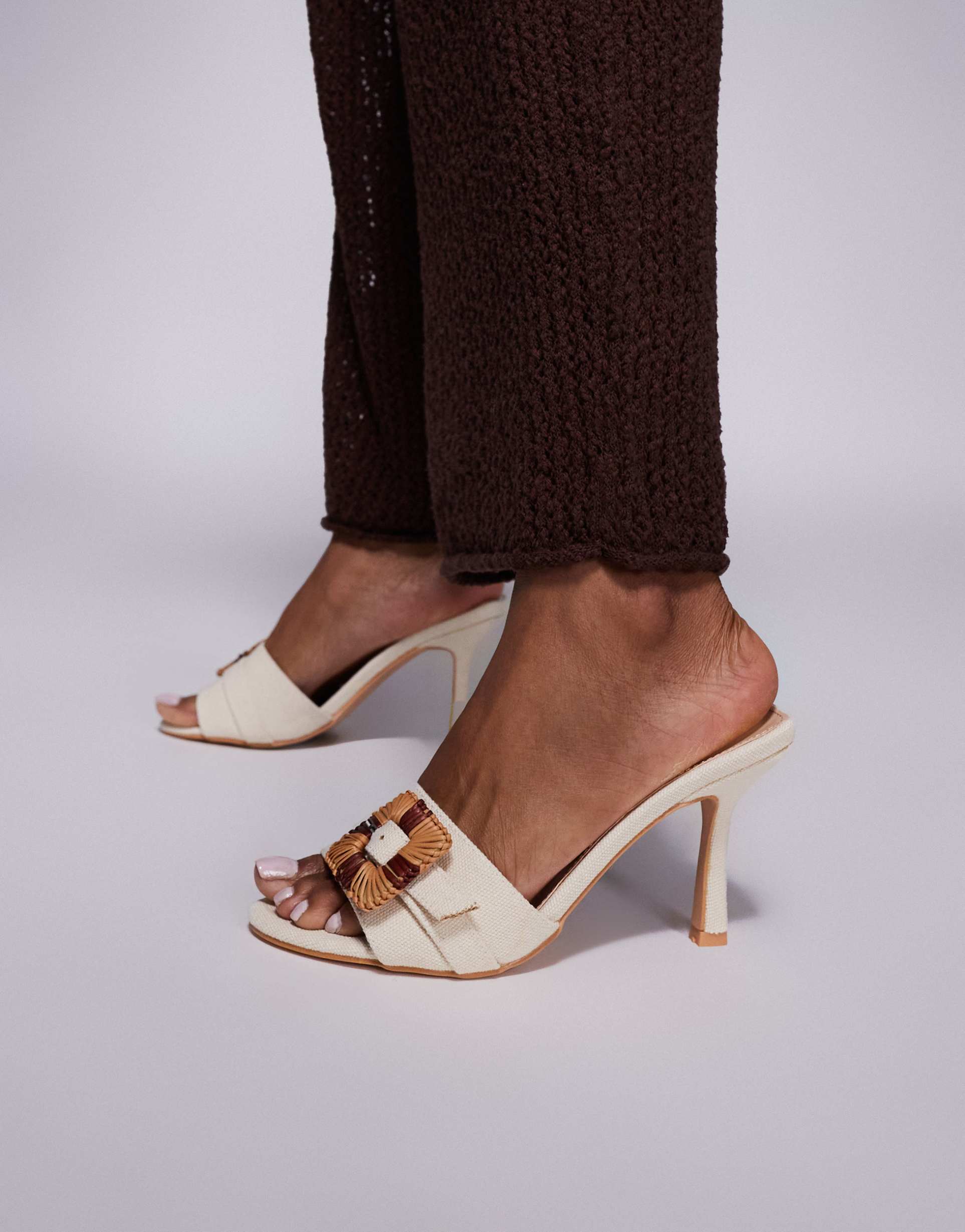 public desire andria mid heel mule sandals with buckle in cream
