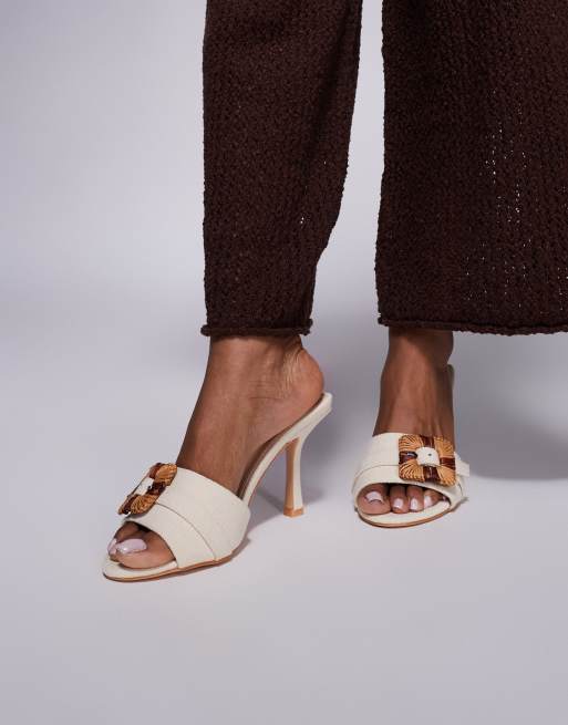 Public Desire Andria mid heel mule sandals with buckle in cream, 2 of 4