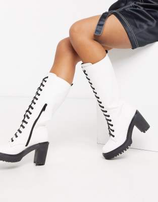 white knee high lace up boots