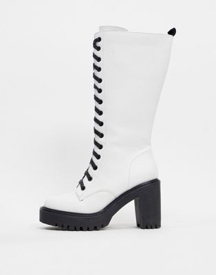 white knee high lace up boots