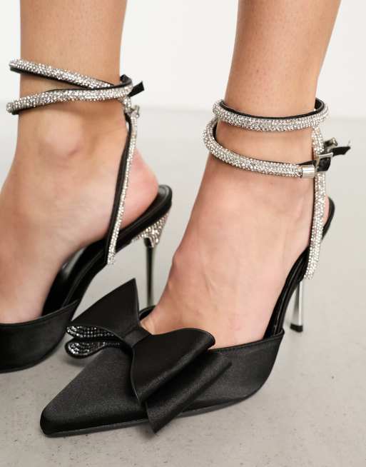 nero strass lucido con fiocco decorato high-heel Scarpe per donne