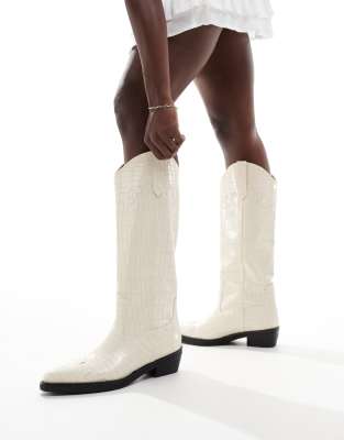 Public Desire Apollop Western Knee Boots In Cream Croc-white In White