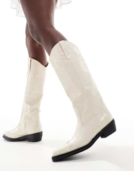 Public Desire Western Knee Boots in Cream croc White