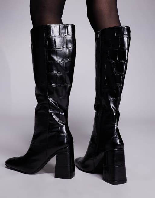 Public Desire Apology block heel knee boots in black croc