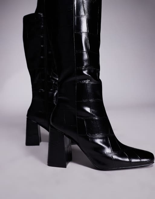 Public Desire Apology block heel knee boots in black croc, 3 of 4