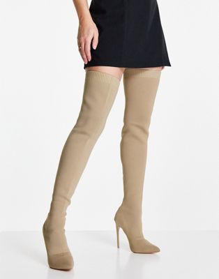 Public Desire Ariame stretch over the knee heel boots in camel - ASOS Price Checker