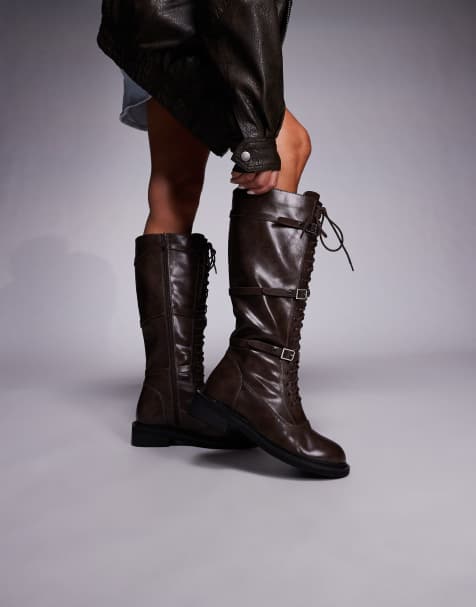 Public Desire Arun lace up knee boots in brown - view 1