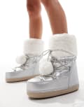 [Public Desire] Public Desire Aster snowboots with with faux fur trim and pom pom detail in silver 40 Silver