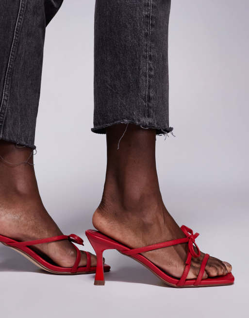 Public Desire Asuka bow kitten heeled sandals in red, 3 of 4