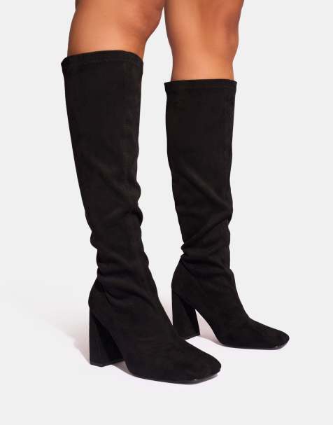 Public Desire Audrina suede block heel knee high sock boots in black suede - view 1