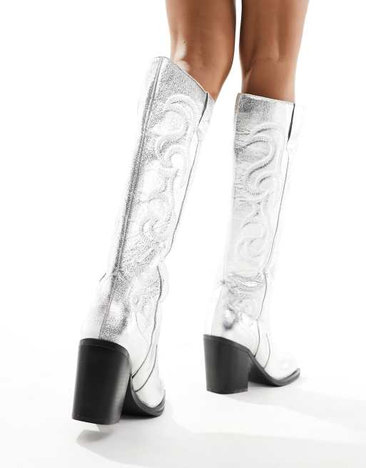 Public Desire Austine knee boot with western stitching in metallic silver, 4 of 4
