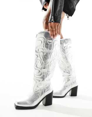 Public Desire Austine Knee Boots With Western Stitching In Metallic Silver