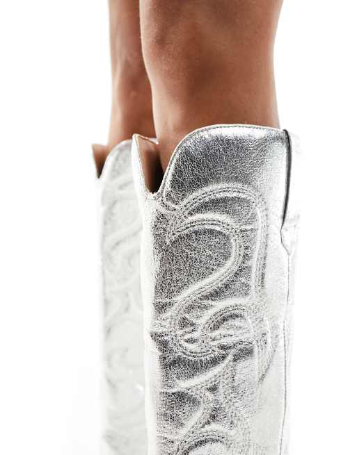 Public Desire Austine knee boots with western stitching in metallic silver, 2 of 4