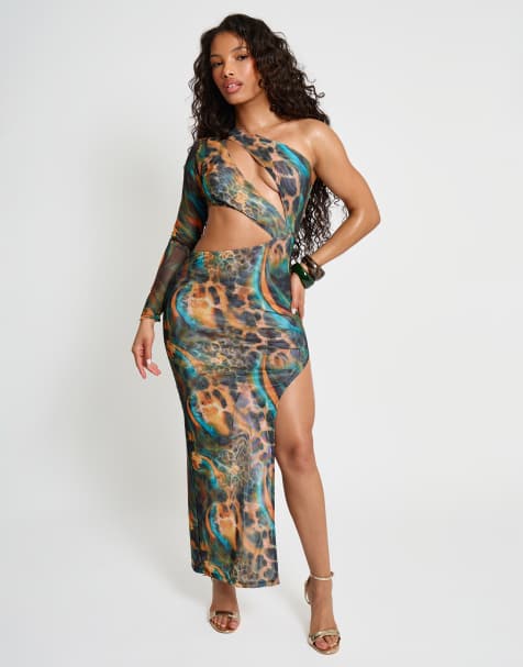 Public Desire Aysemetric cut out one sleeve maxi dress in leopard