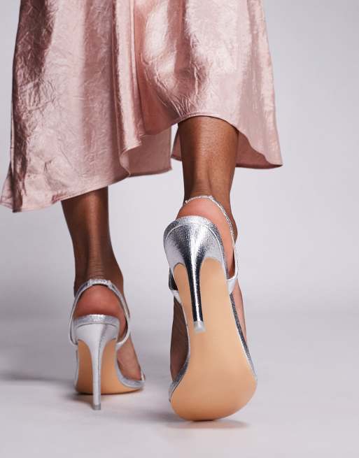 Public Desire Barely cracked round toe slingback stiletto heels in silver, 3 of 4