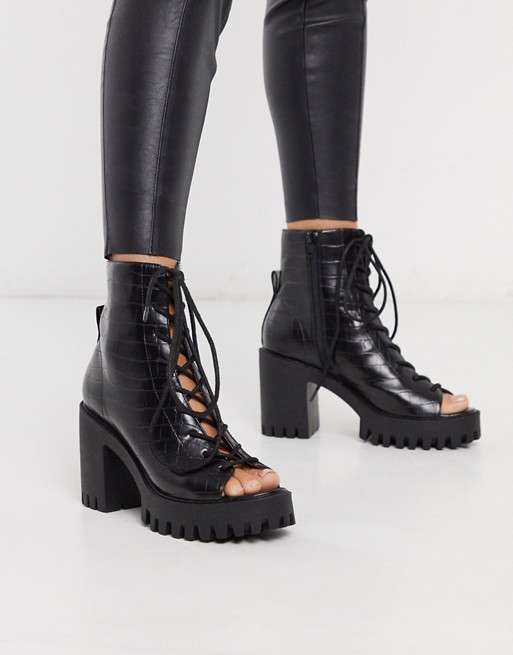 Public Desire Bassline cleated lace up peep toe ankle boot in black mock croc