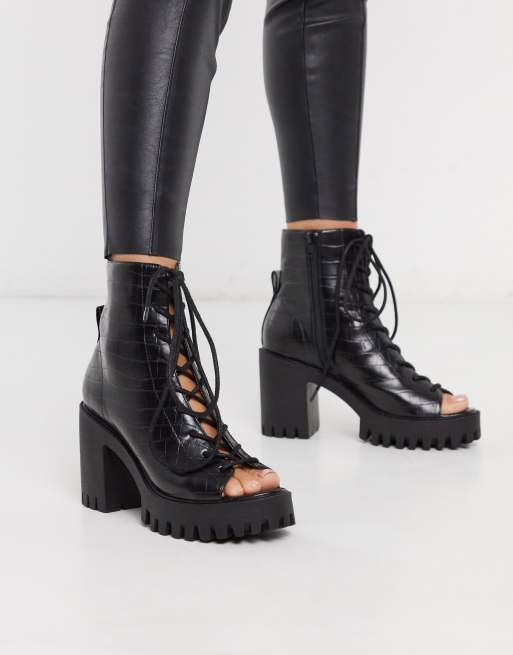 Peep toe lace shop up ankle boots