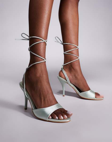 Public Desire Bea peep toe heeled sandals in with tie leg in sage satin - view 1