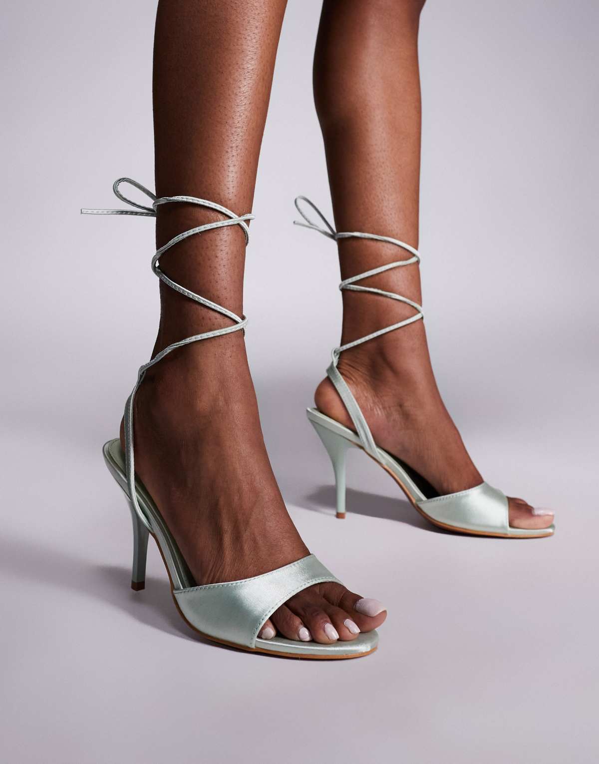 Public Desire Bea peep toe heeled sandals in with tie leg in sage satin