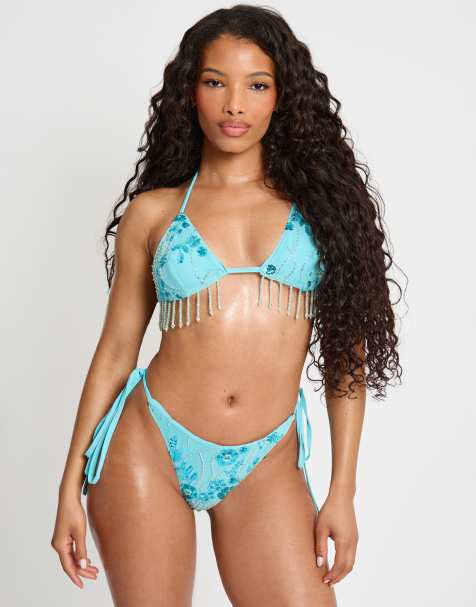 Public Desire Beaded embelished bikini pants in blue - view 1