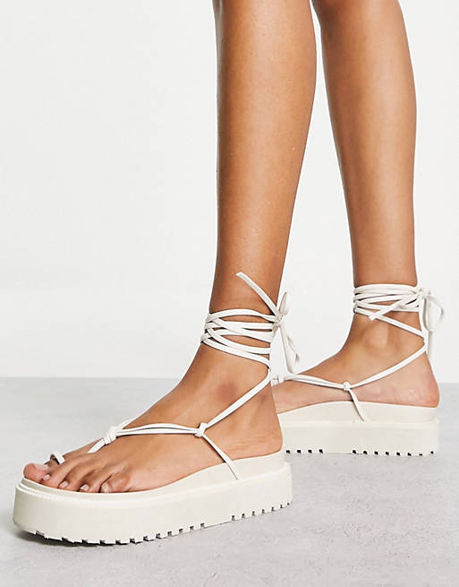 Public Desire Bebe flatform sandals with ankle tie in white