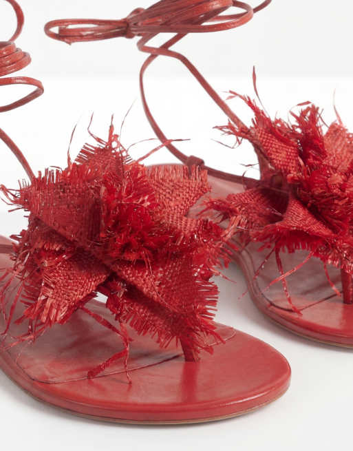 Public Desire - Becca - Platte sandalen van raffia met bloemen in rood, 7 van 7