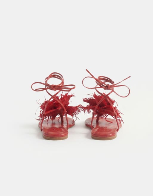 Public Desire - Becca - Sandales plates en raphia à détail fleur - Rouge, 6 de 8